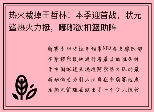 热火裁掉王哲林！本季迎首战，状元鲨热火力挺，嘟嘟欲扣篮助阵