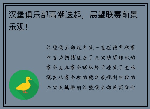 汉堡俱乐部高潮迭起，展望联赛前景乐观！